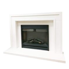 a white fireplace with a black fire place