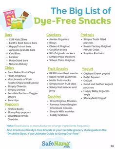 the big list of dye - free snacks for kids is shown in this printable