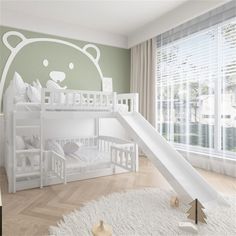 a child's bedroom with a slide and bunk bed in the corner, white rugs on the floor