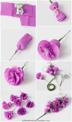 purple flowers are arranged in different ways to make them look like they have been made out of