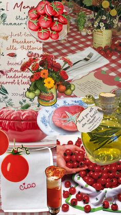 the table is set with tomatoes, cherries and olives for an italian feast