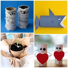 four different pictures with various things made out of toilet rolls and paper mache fish