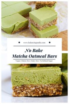 no bake matcha oatmeal bars are stacked on top of each other