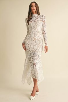 Long Sleeve Mock Neck Floral Lace Midi Dress White Garden Bridal Shower Dress, Wedding Dress Remake, White Lace Long Sleeve Dress, Wedding In The Garden, Getaway Dress, Rehearsal Dinner Dress, Bridal Wardrobe, Neutral Dresses, Bachelorette Party Dress