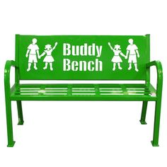 a green bench with the words buddy bench painted on it's back and people holding hands