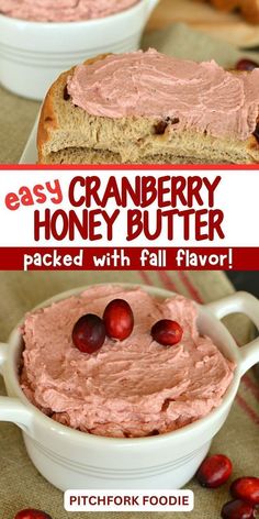 cranberry honey butter in a bowl with cherries on the side and text overlay reading easy cranberry honey butter packed with fall flavor