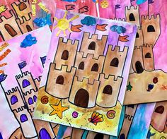 art project for kids using watercolors on paper and colored pencils to create a castle