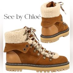 See By Chlo Eileen Shearling-Trimmed Suede Boots, 37 Brand New And They Come With A Dust Bag. They Are 37 Which Is Us Size 6.5 Luxury Brown Shearling Boots, Chloe Brown, Black Rain Boots, Bow Boots, Chloe Shoes, Leather Bows, See By Chloe, Wedge Boots, Suede Ankle Boots