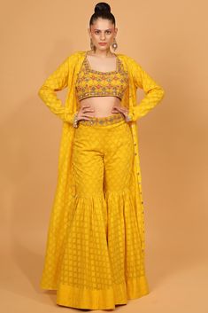 Yellow Gharara, Yellow Sharara, Woven Embroidery, Sheer Cape, Cape For Women, Long Cape, Indian Wedding Wear, Geometric Motifs, Sharara Set