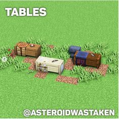 an image of several chests in the middle of a field with text that reads tables