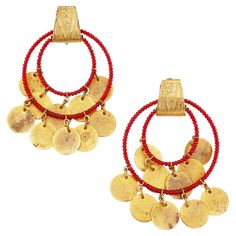 - Vintage item - Collectible costume jewelry piece from the '70s - Each earring measures 2.75" x 1.75" - Gold tone - Ruby red-colored glass beads - Brass disc dangles - Clip on earring backs - By Miriam Haskell (signed on clips and verso) - Circa 1975 - Estate Acquired - Good vintage condition with light signs of age (see photos) Clip On Earring, Miriam Haskell, Gold Filled Earrings, Art Deco Earrings, Red Bead, How To Make Earrings, Jewelry Earrings Hoops, Earring Backs, Bead Art