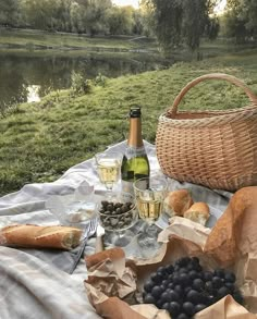 a picnic table with wine, bread and grapes