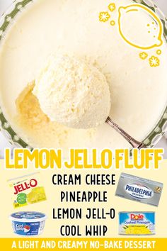 an advertisement for lemon jello fluff is shown in this ad with the recipe