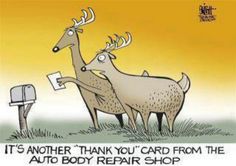 two deer are standing next to each other with the words, it's another thank you card from the auto body repair shop