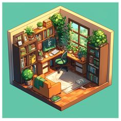 a computer desk sitting in the middle of a living room filled with books and plants