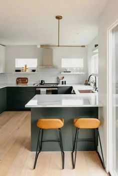 two stools are in front of the kitchen island