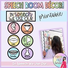 an advertisement for speech room decor with pictures and words on the back ground, in spanish we use our own