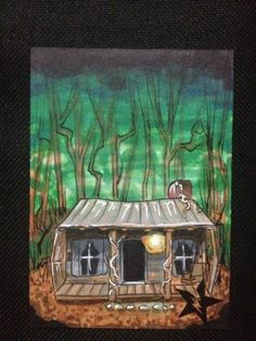 a painting of a cabin in the woods with a star on it's roof