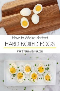 hard boiled eggs on a cutting board with text overlay how to make perfect hard boiled eggs