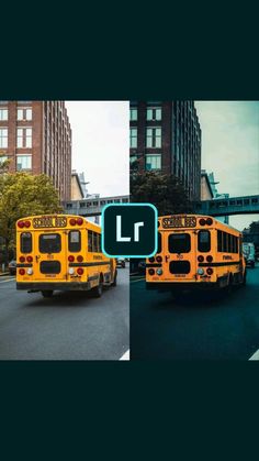 two yellow school buses driving down a street next to tall buildings and traffic cones with the letter l on them