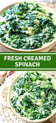 fresh creamed spinach in a white bowl on top of a doily with text overlay