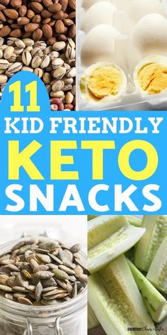 the words 11 kid friendly keto snacks on top of pictures of different foods and vegetables