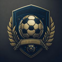 a soccer ball in the center of a shield with laurels around it