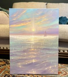 a painting of a sailboat on the ocean at sunset with stars in the sky