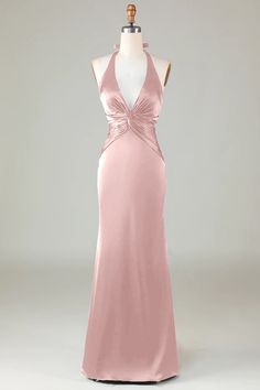 Details:    This long satin bridesmaid dress features a flattering halter neckline and comes in a variety of beautiful colors. Made with high-quality satin fabric, this dress is perfect for formal events and weddings. Its timeless design and luxurious material will make any bridesmaid feel elegant and sophisticated.   Features:    Silhouette: Sheath Style 
  Color: Dusty Blue,Dusty Rose,Dusty Sage,Pink,Taupe,Color Available 10+.  Length: Long 
  Neckline: Halter 
  Sleeves: Sleeveless 
  Back: Satin Ball Dresses, Hoco Dresses Pink Long, Dusty Pink Short Dress, Maid Of Honor Pink Dress, Satin Dresses Elegant, Blush Pink Silk Dress, Pink Cowl Neck Dress, Light Pink Mermaid Dress, Long Satin Bridesmaid Dresses