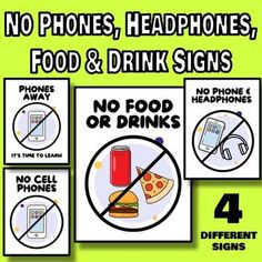 no phones, headphones, food and drink signs are shown in four different ways