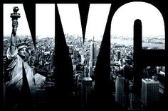 the word nyc written in black and white with an image of the statue of liberty