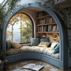 a window seat with books on it in front of a book shelf filled with books