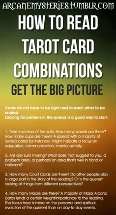 an advertisement with the words how to read tarot card combinations get the picture on it