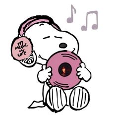 a cartoon character holding a donut with music notes