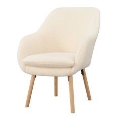 a white chair with wooden legs and a seat cushion on top of the armrests