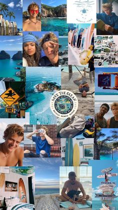 a collage of pictures with people and surfboards on them, including the words in blue