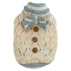 a dog sweater with a blue bow on the collar and buttoned buttons in front