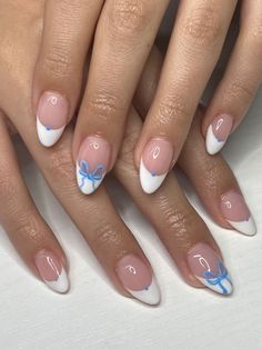 Summery Nails, Girly Acrylic Nails, Short Acrylic Nails Designs, Blue Bow, Blue Nails, Trendy Nails