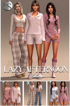 three women in pajamas and shorts posing for the camera with text that reads lazy afternoon