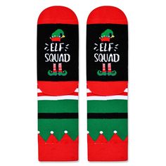 ELF CHRISTMAS SOCKS: These holiday socks feature a playful design with Santa's belt patterns and white fluff ball patterns, complemented by neat red stripes. The bottom of the ELF socks has a hilarious hidden message that reads "ELF SQUAD". SIZE & PACKING: Fits for 4-6 years old little kids. Each Christmas gift box contains one pair of funny festive socks. QUALITY MATERIAL: Crafted from 80% cotton, 15% polyamide, and 5% elastane, these socks offer a soft, stretchy, and breathable fit, ensuring c Elf Gifts, Belt Patterns, Elf Socks, Stocking Socks, Elf Gnome, Elves Gift, Santa Belts, Xmas Elf, Santa Socks