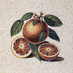 an orange with leaves and slices on a mosaic tile floor in a room that looks like it has been used as a wall decoration