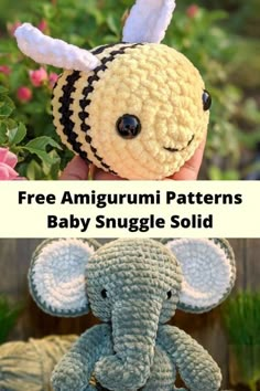 two crocheted stuffed animals with the words free amigurmi patterns baby snuggle solid