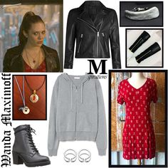 a woman in a red dress and black jacket is wearing a gray hoodie, grey sweater, silver necklace, and black boots