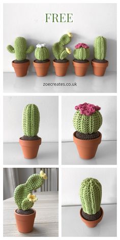 crocheted cactus in a pot with flowers on the top, and bottom view