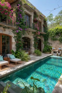 an outdoor swimming pool with lounge chairs and flowers on the wall next to it in front of a stone building