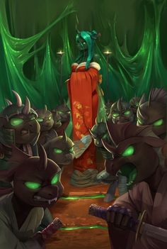 an image of a woman standing in front of a group of demon like creatures with green eyes