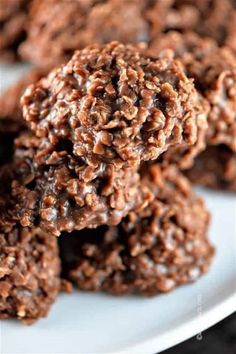 chocolate no bake cookies stacked on top of each other