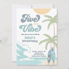 a birthday card with a surfboard and palm trees