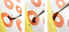 the process of painting circles with acrylic paint on paper is shown in three different stages