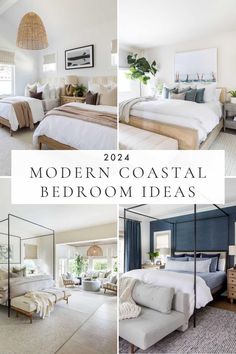 modern coastal bedroom decor ideas in white and blue colors with text overlaying the image